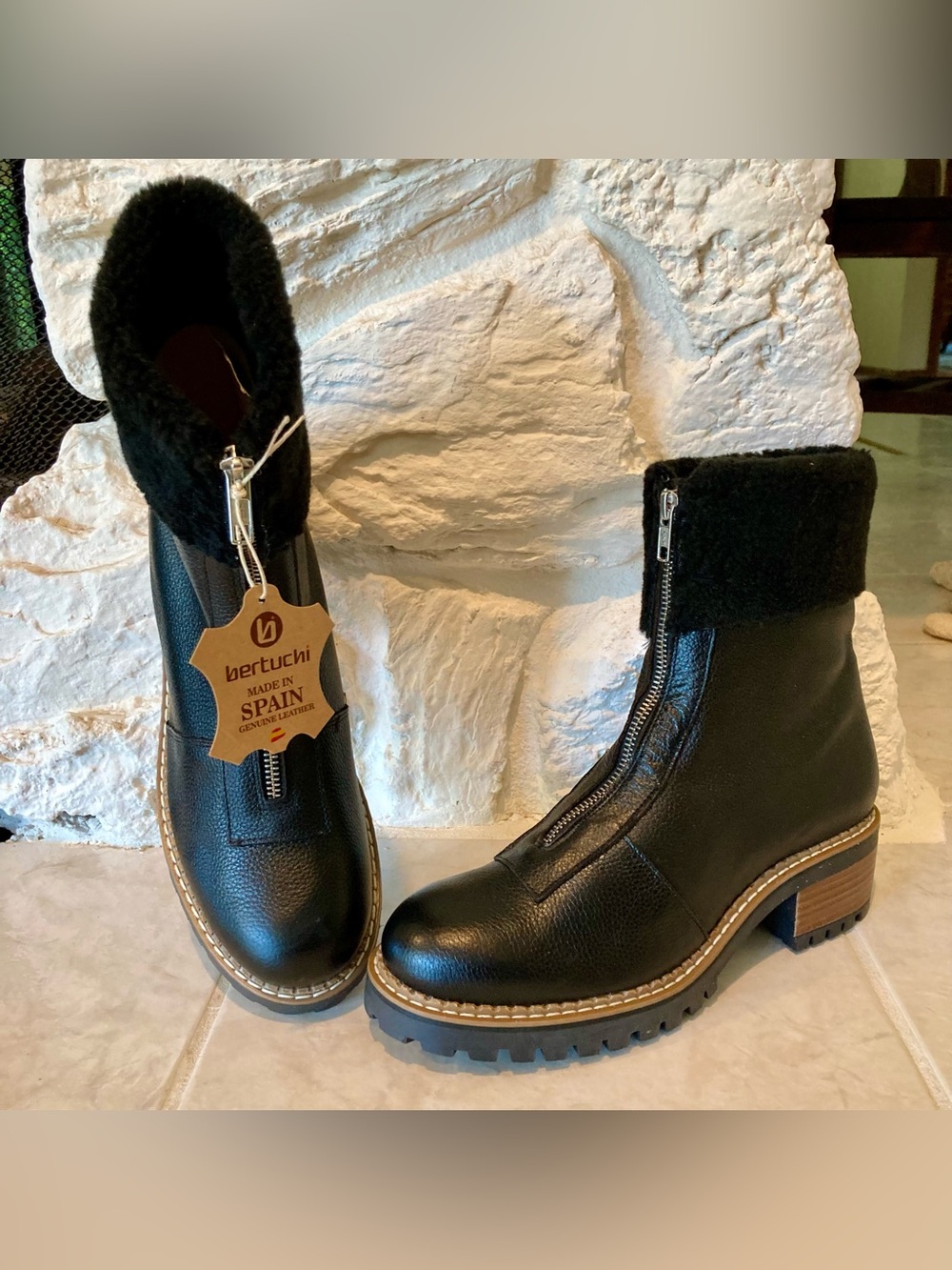NWT Bertuchi black leather chunky lug sole, zip front boots with black fur cuffs